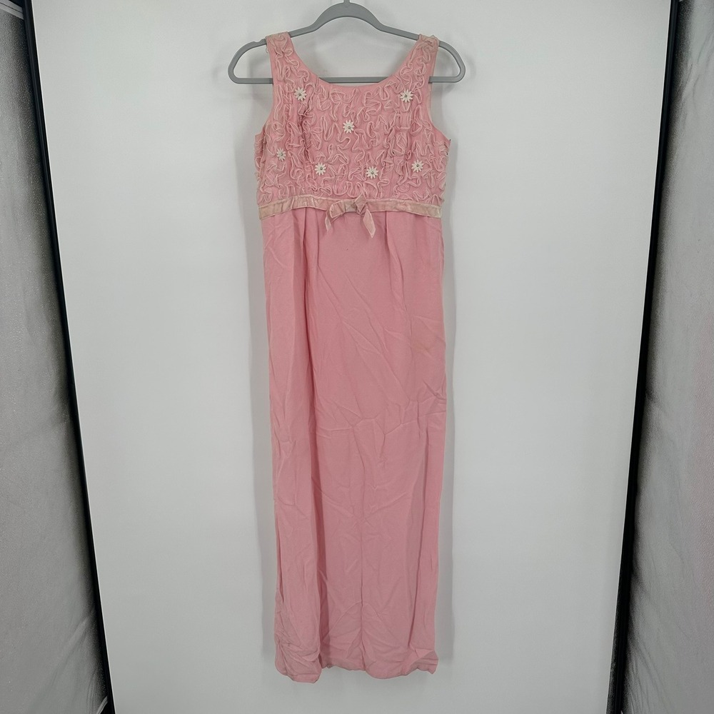 Vintage Womens Pink Coquette Empire Waist Maxi Dress Size S Ruffle Floral Bodice